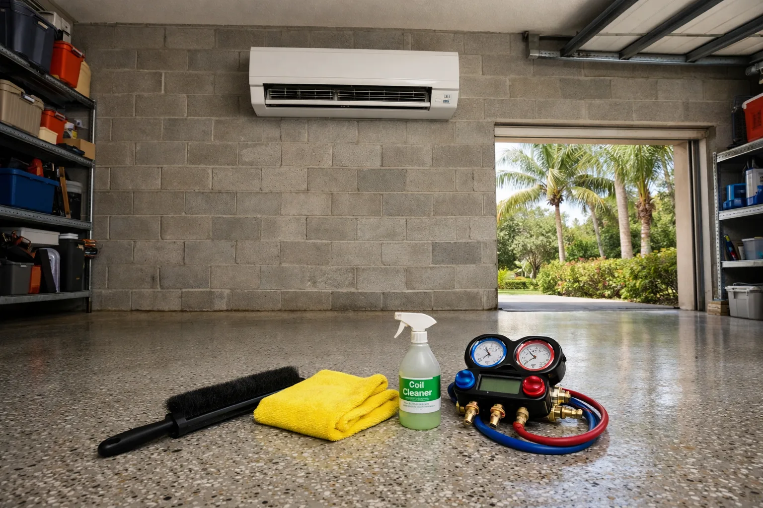 Ductless mini split maintenance service in Florida garage