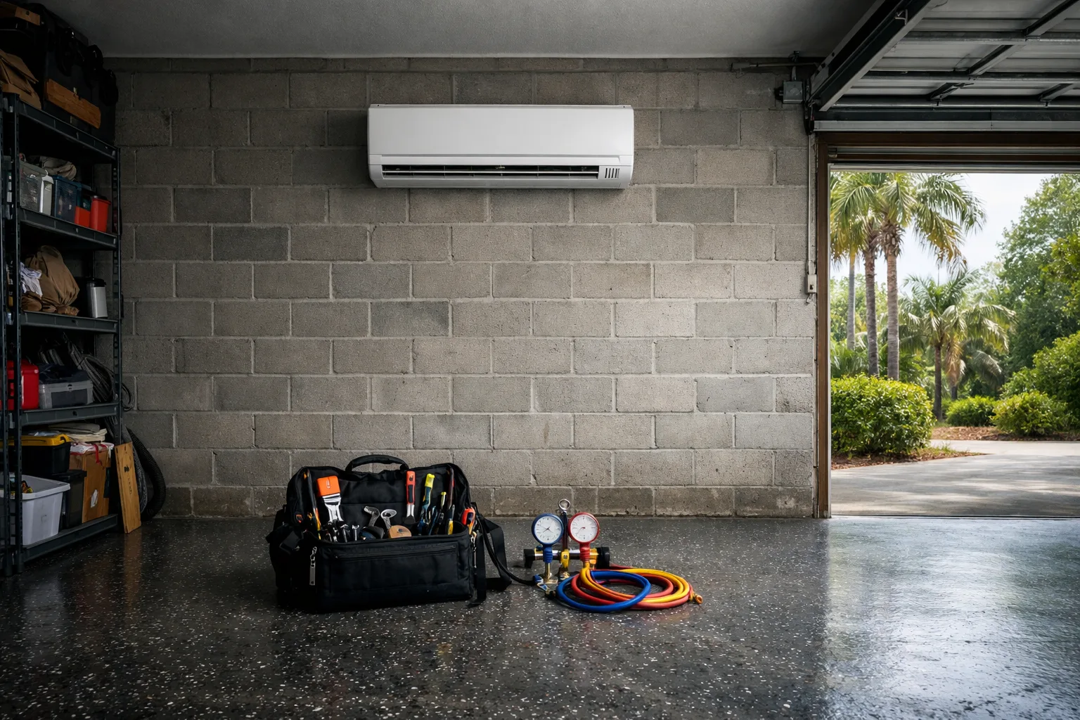 HVAC toolbox and refrigerant gauges below mini split unit in Florida garage repair service