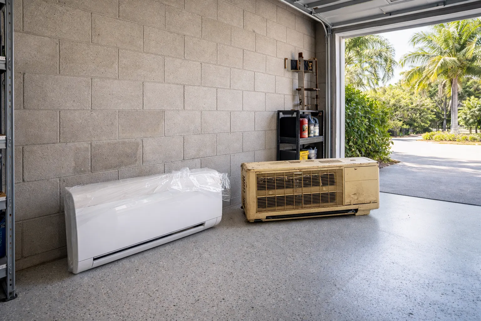 Old and new ductless mini split units in Florida garage replacement service