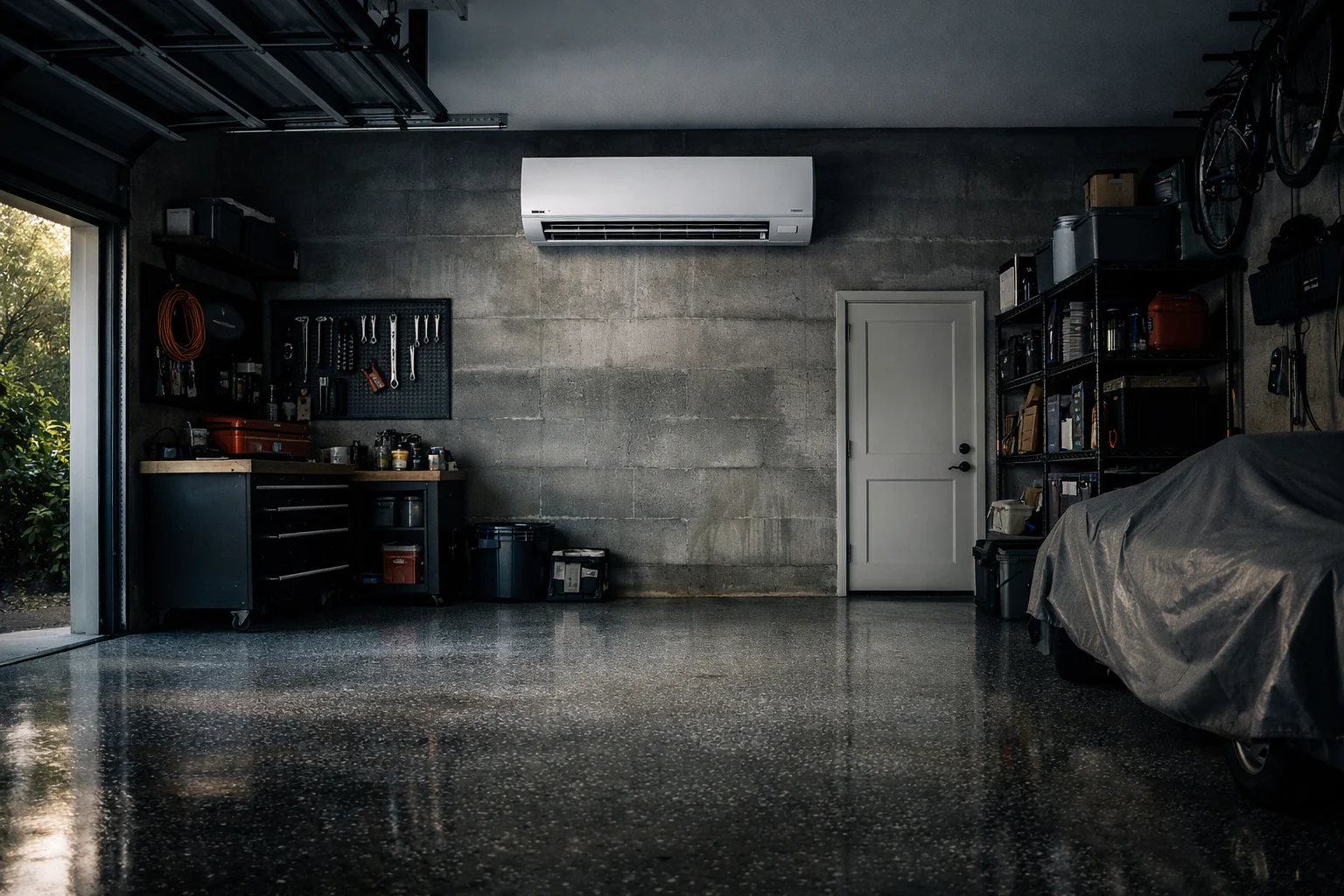 Ductless mini split AC unit mounted on wall of Florida garage