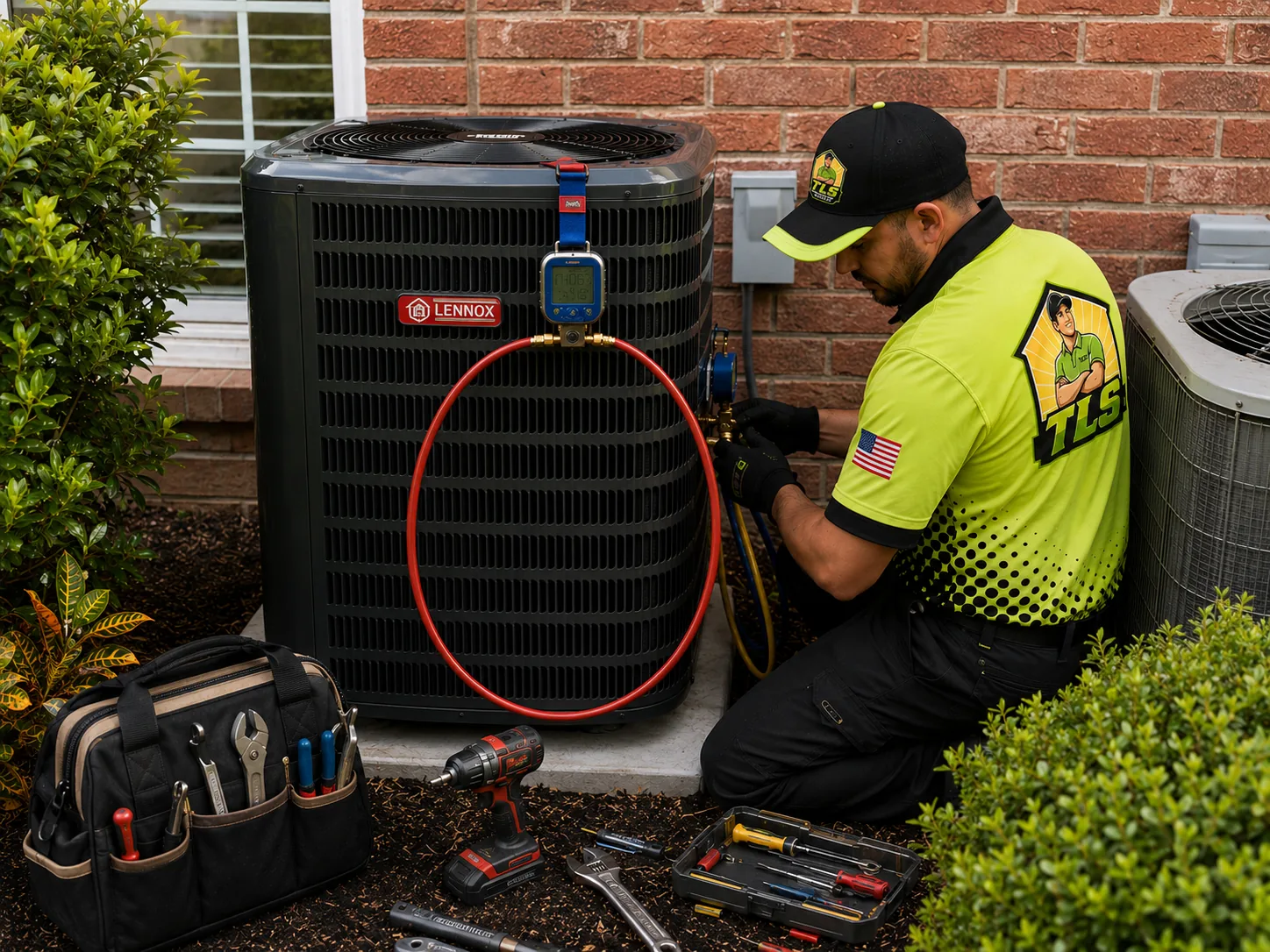 AC maintenance and tune-up in Southwest Florida, TLS technician servicing an outdoor condenser