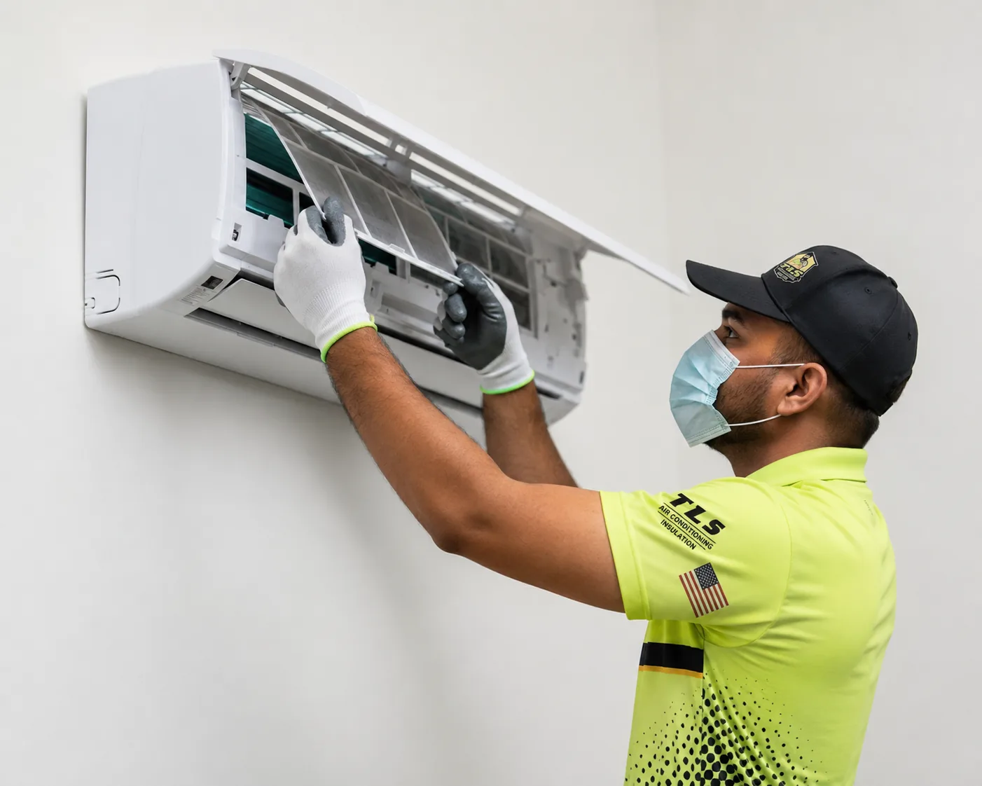 AC repair in Southwest Florida, TLS technician servicing a ductless mini-split air conditioner