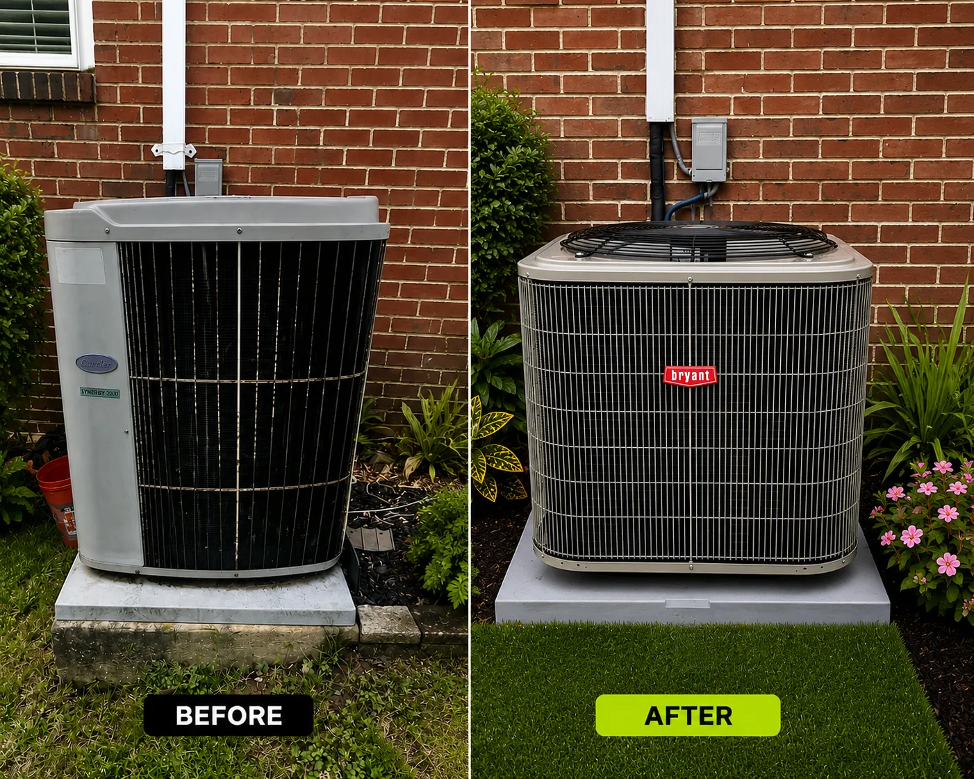 AC replacement in Southwest Florida, before and after with a new high-efficiency condenser by TLS