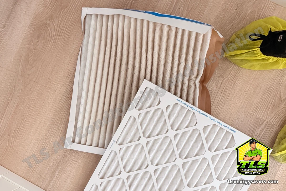 The clogged air filter removed during an AC maintenance visit next to its clean replacement, St. Petersburg FL 33713