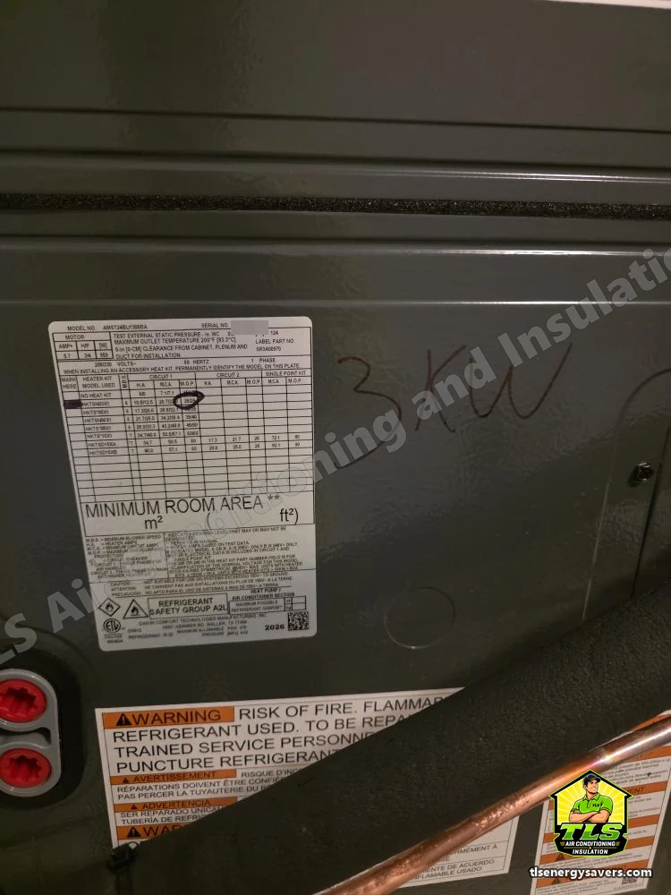 Data plate on the smaller replacement air handler, marked for a 3 kW heat kit, Riverview FL 33578