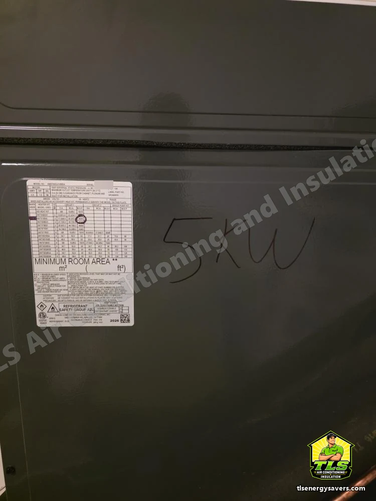 Data plate on the larger replacement air handler, marked for a 5 kW heat kit, Riverview FL 33578