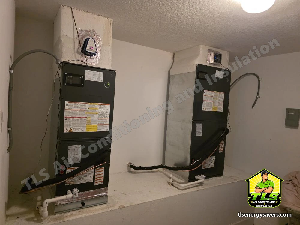 Both replacement air handlers installed side by side on the closet platform, Riverview FL 33578
