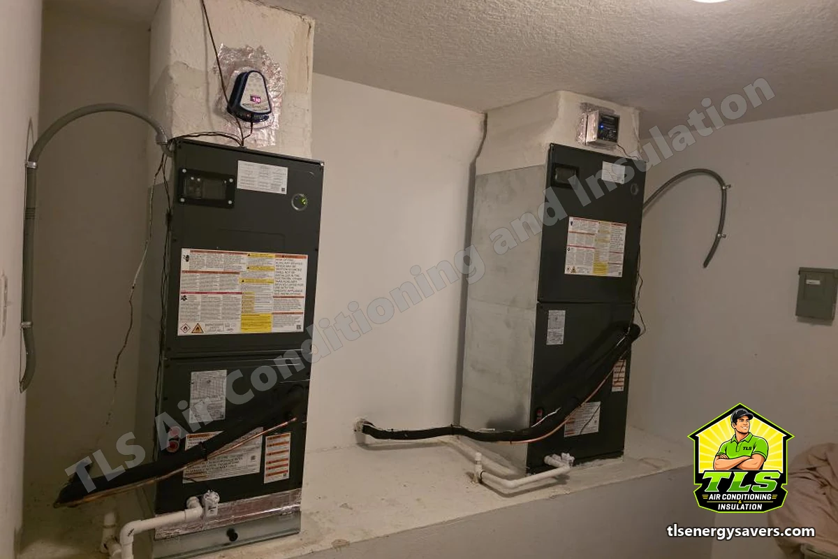 Both replacement air handlers installed side by side after a full two-system HVAC replacement, Riverview FL 33578