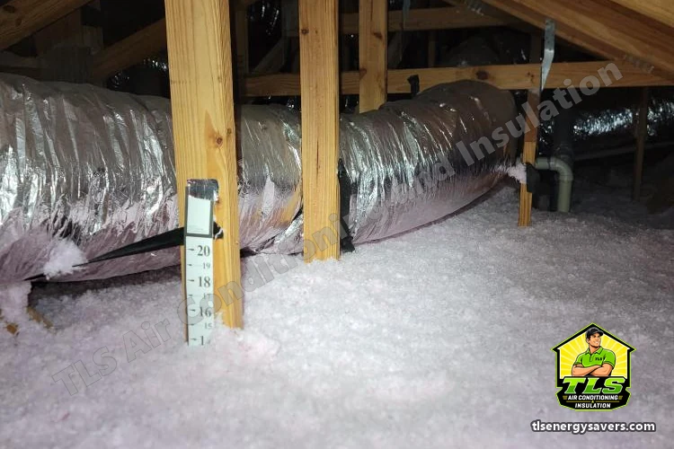 Flexible duct runs above freshly blown-in attic insulation on an attic and garage door insulation job, Naples FL 34110