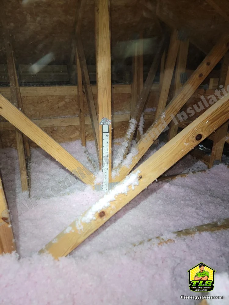 An attic depth marker fixed to a truss with the finished blown-in fill around it, Naples FL 34110