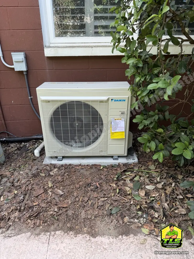 The new Daikin outdoor heat pump set on its pad beside the house, Brooksville FL 34601