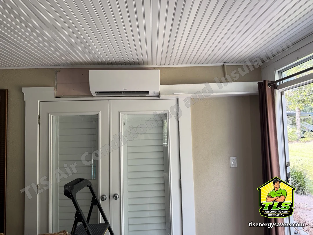The new Daikin ductless wall unit installed above the French doors, Brooksville FL 34601