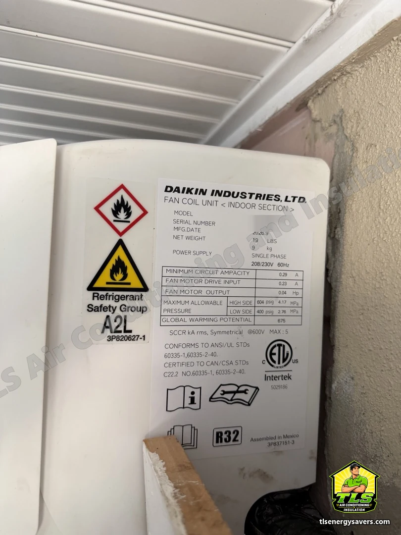 Rating plate on the new Daikin indoor section, an R-32 heat pump system, Brooksville FL 34601