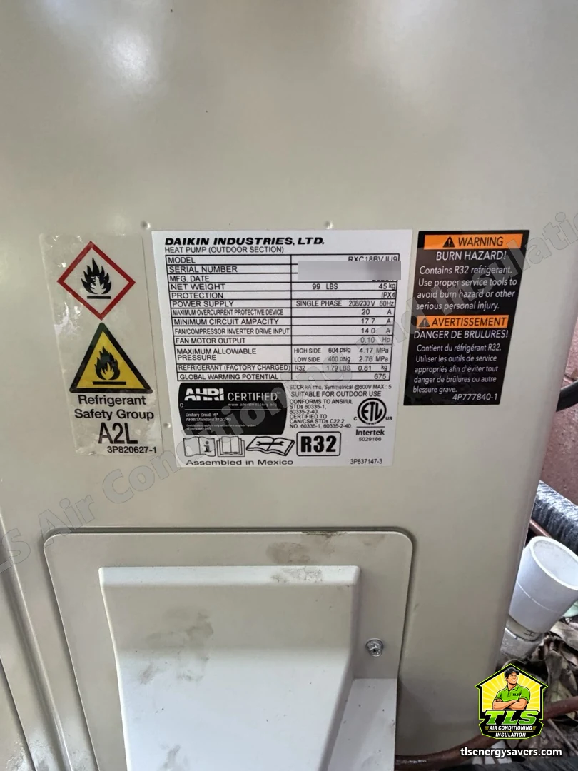 Rating plate on the new Daikin outdoor heat pump, factory charged with R-32, Brooksville FL 34601
