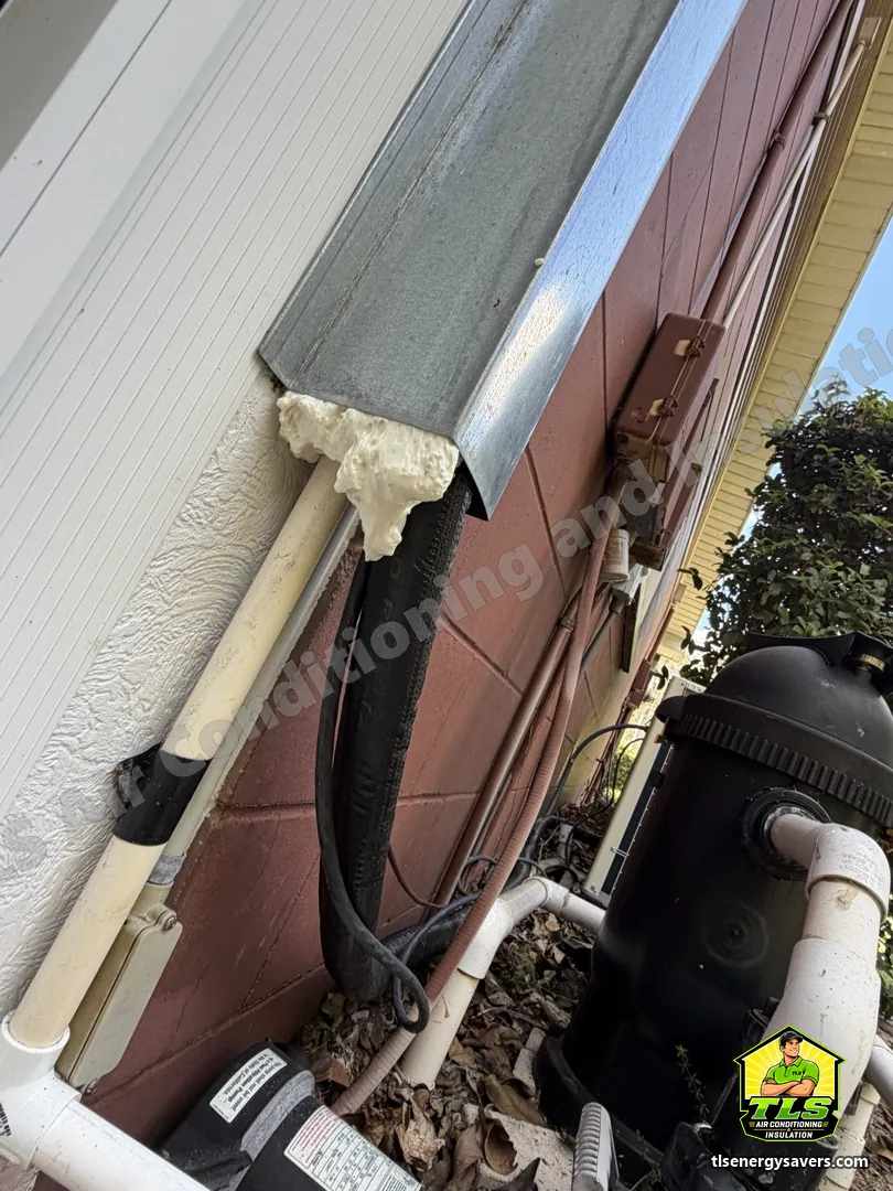 Where the line set passes through the wall, sealed with foam under a metal cover, Brooksville FL 34601