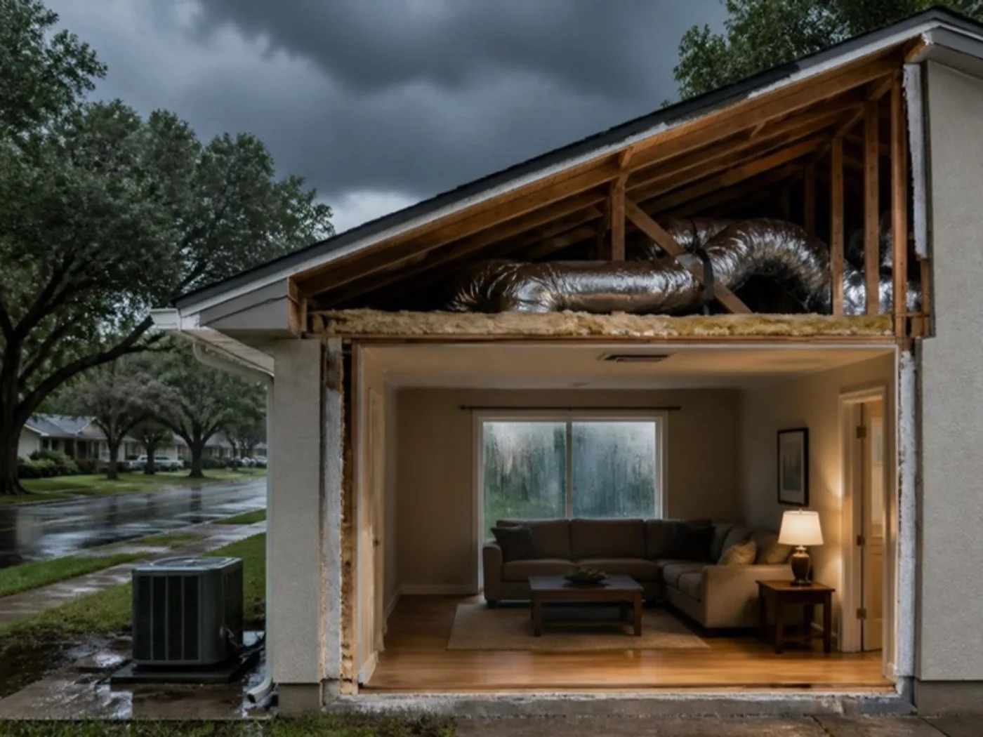 Cutaway of a Tampa, FL bungalow under storm clouds showing attic ductwork and insulation, a fogged living-room window and the outdoor AC condenser among rain puddles